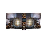 Steam Train Pu Leather Glasses Case with Full-Print Design,Thick Lining for Scratch Protection,Snap Button Closure,Compact Eyewear Small Item Organizer