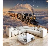 Steam Train Rails Mural Wallpaper 3D Effect Clouds Landscape Non-Woven Self-Adhesive Wallpaper Removable Large Photo Sticker TV Background Wall Decor for Living Room Bedroom 430x300 cm