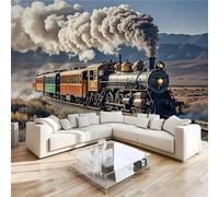 Steam Train Rails Mural Wallpaper 3D Effect Mountains Deserts Non-Woven Self-Adhesive Wallpaper Removable Large Photo Sticker TV Background Wall Decor for Living Room Bedroom 150x100 cm