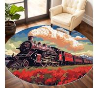 Steam Train Round Area Rug 240cm, Old-Fashioned Train Rug, Cartoon Circle Rugs, Low-Pile Round Rugs for Kitchen Dining Living Room Bathroom Beneath the Furniture