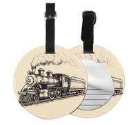 Steam Train Round Luggage Tag 4PCS Vintage PU Leather Travel Bag Tag ID Labels Name Card Holder wtih Buckle for Luggage Suitcase Backpacks