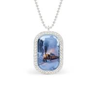Steam Train Snowy Forests Rectangle Pendant Necklace Alloy White Shiny Diamond Square Gold Silver Jewelry for Women Men