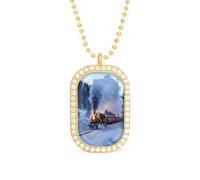Steam Train Snowy Forests Rectangle Pendant Necklace Alloy White Shiny Diamond Square Gold Silver Jewelry for Women Men