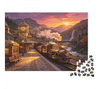 Steam Train Station 1000 Piece Jigsaw Puzzle Paper for Adults Sunset Mountain View Puzzle Game for Family Relaxation Home Decor 38x26cm/1000pcs