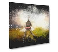 Steam Train Upon the Tracks Paint Splash Canvas Print | Gallery Wrapped 30mm Frame Wall Art | 14x14 inches | Ready to Hang | Retro Vehicles Picture | Living Room Bedroom Lounge Office