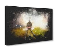 Steam Train Upon The Tracks Paint Splash Canvas Print | Gallery Wrapped 30mm Frame Wall Art | 30x20 inches | Ready to Hang | Modern Vehicles Picture | Living Room Bedroom Lounge Office