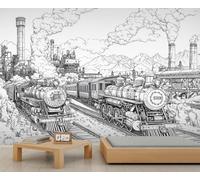Steam Train Wallpaper Black and White Factory Building Chimneys Wallpaper Bedroom Mountains and Bridges Wall Murals for Living Room Vintage Decorative Wall Paper Room Mural 490X350cm