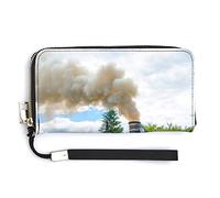Steam Train with Smoke Green Grass Trees Country View Long Clutch Wallet, Long Handbag with Removable Wristlet Strap, PU Leather Zip Purse, Credit Pass Case Card-Holder for Men Women