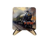 Steam Trains Cork Coaster Set - Square Assorted Steam Train Locomotives - Set of Four (4) Drinks Coasters & Wood-Effect Stand