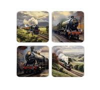 Steam Trains Cork Coaster Set - Square Assorted Steam Train Locomotives - Set of Four (4) Drinks Coasters