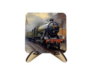 Steam Trains Cork Coaster Set - Square Assorted Steam Train Locomotives - Set of Four (4) Drinks Coasters & Wood-Effect Stand