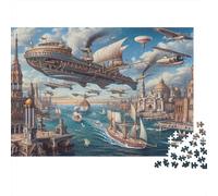 Steampunk Airship 1000 Piece Jigsaw Puzzles for Adults， 1000 Pieces Fantasy Cityscape Art Great Gifts Challenge Toy 52x38cm/1000pcs