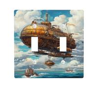 Steampunk Airship Light Switch Cover Plate/Outlet Covers, Vintage Brown Hot Air Balloon for Home Decor, Thermoplastic Wall Plates, Standard Size Double Toggle