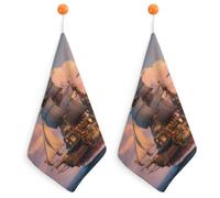 Steampunk Battleship Steamship Hanging Hand Towels Soft Tea Towel 2PCS