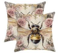 Steampunk Bee Pillow Covers Set of 2, Antique Gold Floral Throw Pillows Case, Vintage Decorative Square Couch Decor for Home Sofa Bed Living Room 16x16 Inch