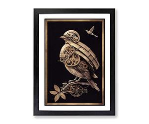 Steampunk Bird Framed Print | A2 Black Framed Wall Art | Ready to Hang | Modern Nature Picture | Living Room Bedroom Lounge Office