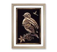 Steampunk Bird Framed Print | A3 Oak Framed Wall Art | Ready to Hang | Modern Nature Picture | Living Room Bedroom Lounge Office