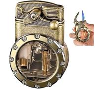 Steampunk Butane Lighter, Cool Lighter with Round Transparent Visible Gas Tank, Vintage Portable Windproof Lighter, Great Gift for Men, Father, Husband,Retro Double Flame Lighter,(Brass)