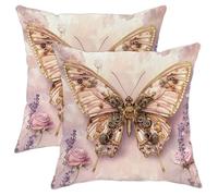 Steampunk Butterfly Pillow Covers Set of 2, Blush Peach Floral Decorative Throw Pillow Cases, Vintage Inspired Home Decor for Sofa Couch Accents 20x20 Inch