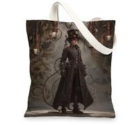 Steampunk Canvas Tote Bag, Vintage Gear Pattern Reusable Shopping Bag, Lightweight Washable Shoulder Strap Tote for Travel, Brown, 13x15 Inch