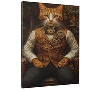 Steampunk Cat Canvas Wall Art, Orange Brown Vintage Gear Art Print, Classic Home Aesthetic Decor for Living Room, Bedroom, Office, Unframed 12x16 Inch