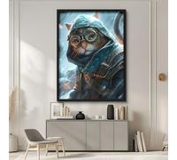 Steampunk Cat in Spacesuit Canvas Wall Art - Waterproof Bathroom Pictures, Hyper-Realistic Cat Portrait Poster for Bedroom Decor