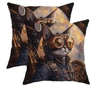 Steampunk Cat Pillow Covers Set of 2, Vintage Gray Feline Decorative Throw Cushions, Singular Home Sofa Bed Couch Decor for Fall Winter 16x16 Inch