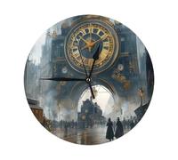 Steampunk City Streets With Big Clock Retro Architecture Home Decorative Wall Clock, 10 Inch Silent Wall Clock Battery Operated For Bedroom Kitchen Living Room Office