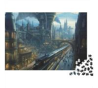 Steampunk Cityscape Night 1000 Piece Jigsaw Puzzles Train in Fantasy City for Adult Educational Game Home Decoration Difficult Challenging Birthday Gifts 70x50cm/1000pcs