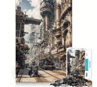 Steampunk Cityscape with Trains And People Jigsaw Puzzles for Teenagers 1000 Pieces Mind Puzzle Peaceful Fun Art Assembly Lovely Gift 38x26cm