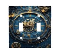Steampunk Clock Light Switch Cover Plate/Outlet Covers, Blue and Gold Gears for Wall Accents, Thermoplastic Wall Plates, Standard Size Double Toggle
