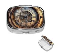 Steampunk Clock Pill Case with Mirror Retro 2 Compartment Pill Box Small Pill Organizer for Purse or Pocket Decorative Metal Medicine Vitamin Organizer Unique Gifts