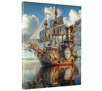 Steampunk Clockwork Ship Wall Art, Brown Metal Nautical Canvas Prints, Vintage Home Aesthetic Decor For Living Room, Bedroom, Office, Unframed 8x12 Inch