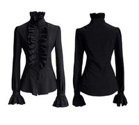 Steampunk Clothes Women Vintage Victorian Button Down Shirts Stand Collar Frilly Ruffle Gothic Blouses Retro Flared Sleeve Tops Black