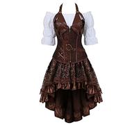 Steampunk Corset Dress 3 Piece Outfits for Women Leather Bustiers Gothic Lace Pirate Skirt Retro White Blouse Brown 2XL