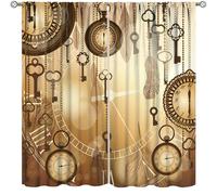 Steampunk Curtains,Antique Golden Pocket Watches and Feathers Print Drapes for Bedroom Living Room Kitchen Window Treatment 2 Panels Set Total Size 63" W X 63" L Inch
