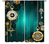 Steampunk Curtains, Retro Green Mechanical Clock Drapes for Bedroom Living Room Kitchen Window Treatment 2 Panels Set Total Size 63" W X 72" L Inch