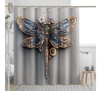 Steampunk Dragonfly Shower Curtain, Metallic Blue Bronze Insect Shower Curtain for Bathroom Decor, Modern Industrial Vintage Design Waterproof Fabric Shower Curtain Set with Hooks 72x72 Inch