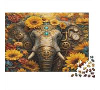 Steampunk Elephant Art Colourful Steampunk Elephant with Sunflowers 1000 Pcs Jigsaws for Adults The Impossible Challenge Brain Development 70x50cm/1000pcs