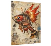 Steampunk Fish Wall Art, Orange Brown Abstract Ocean Decor, Singular Nautical Aesthetic for Living Room, Bedroom, Office, Home Decoration 16x20 Inch