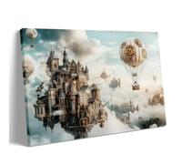 Steampunk Floating Castle Wall Art - Vintage Fantasy City Canvas Print, Industrial Airship Decor for Living Room or Office Wall 60x90cm Frame