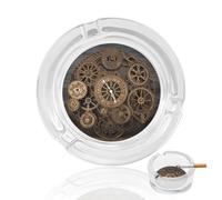 Steampunk Gears Clock Ashtray Portable 3.3in, Round Crystal Glass Ashtray with 3 Cigarette Holders & Anti-Slip Base, Decorative Ash Trays for Desk, Car, Office, Home