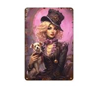 Steampunk Girl And Cute Dog Tin Sign Pinup Girls Wall Decor Art For Cafe Lovers Home Garage Bar Man Cave Metal Sign Plaque Poster 8X12 Inch