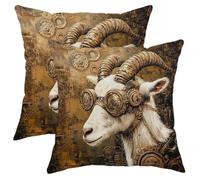 Steampunk Goat Pillow Covers Set of 2, Vintage Brown Gears Design Throw Pillows Case, Decorative Square Home Sofa Bed Couch Decor for Fall Winter 18x18 Inch