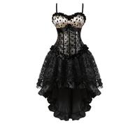 Steampunk Gothic Corset Dress Set with Lace Polka Dots - Vintage Court Jacquard Bodice & High-Low Skirt for Cosplay, Halloween & Carnival (Beige, 7XL)