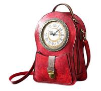 Steampunk Gothic Leather Double Shoulder Bag with Real Working Clock Vintage Handbags Fashion Retro School Rucksack Bag(Color:Red)