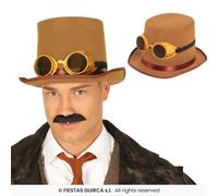 Steampunk Hat With Glasses Mens Light Brown Fancy Dress Accessory