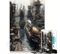 Steampunk Industrial Cityscape with Ships 1000 Pieces Jigsaws Adults Puzzles Gifts Reason Skill Toy Stress Release Exact Cut Santa Wish List 38x52cm