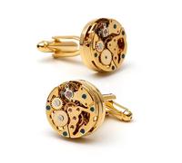 Steampunk Mechanical Gears Cufflinks, Round Gold Copper Men's Shirt Accessories, Punk Style Watch Movement Cufflinks Pair