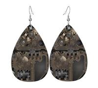 Steampunk Mechanical Gears Print Leather Earrings Teardrop Costume
